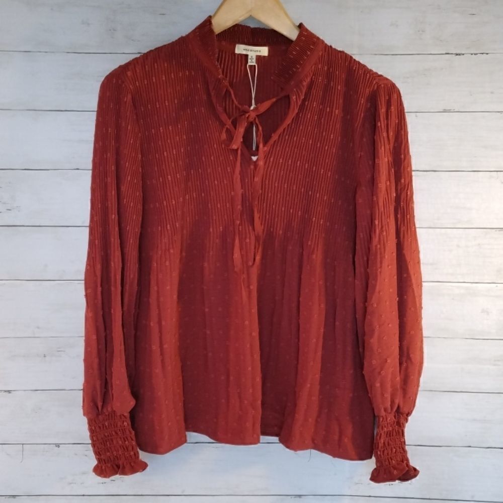 MAX STUDIO Tie Neck Long Sleeve Release Pleat Blouse Top Shirt